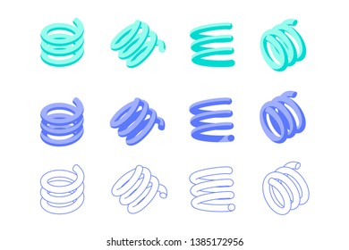 Set of springs. Abstract geometric shapes. Filled and with editable stroke. Design elements for abstract illustrations, patterns and backgrounds in memphis style. Isometric icons. Isolated on white