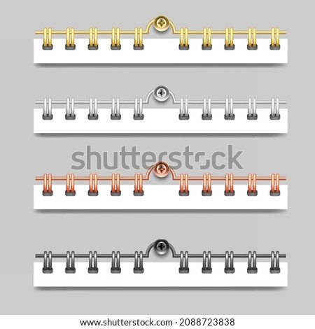 A set of springs of different colors for notebooks and calendars. Spiral binders for sheets of paper. 3D realistic mockup. Isolated on gray background, vector illustration.