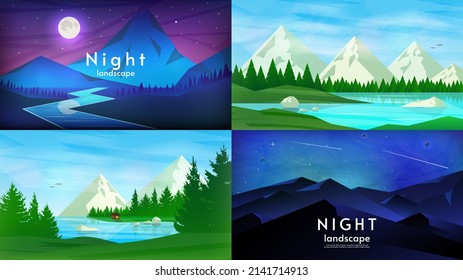 Set of springs landscapes. Vector abstract illustrations. Night, evening and day. Mountains with river. Design for wallpaper, background, 
