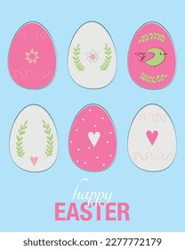 Set of Springtime Eggs: A Collection for Easter on blue background. Easter celebration. Tradition of painting egg. Flat vector illustration.