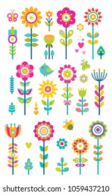 Set of springtime flowers, bees butterflies and birds, collection of spring blooming patterns, creative plants and flower buds, vector grass and bushes