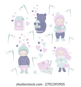 A set of springtime illustrations for Valentine's Day featuring funny cute characters in love - a girl, a boy, and a cat - romantic stories in a soft color palette.