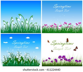 Set of springtime meadows with blue sky and butterflies. Vector illustration.