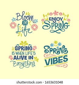 Set of Springtime Phrase Quote Vector Illustration with handwriting and Flowers Blossom