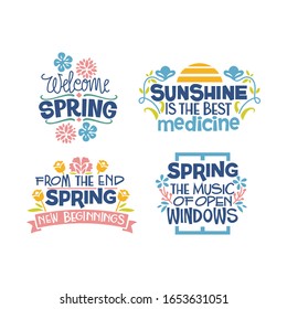 Set of Springtime Phrase Quote Vector Illustration with handwriting and Flowers Blossom