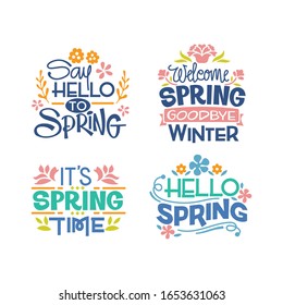 Set of Springtime Phrase Quote Vector Illustration with handwriting and Flowers Blossom