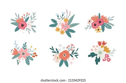 Set of springtime, summer bouquets made of tulips, roses,  narcissus flowers and leaves. Floral decoration. Isolated vector objects., flat design. For wedding, birthday cards, invitations, web banners