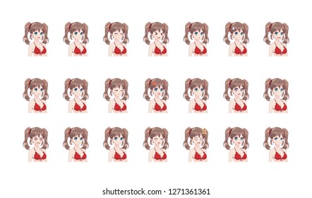 Set sprites emotions anime manga girls. The pose of the hand behind the back. Character for games visual novel. Avatar. Bust of girl in bikini