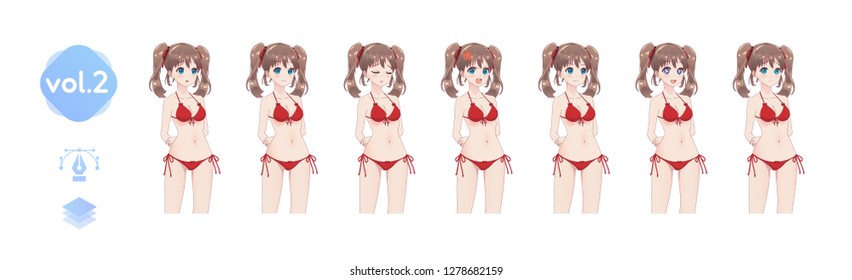 Set sprites emotions anime manga girls. The pose of the hand behind the back. Character for games visual novel. Girl in bikini to hips