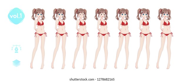 Set sprites emotions anime manga girls. The pose of the hand behind the back. Character for games visual novel. Girl in bikini in full length