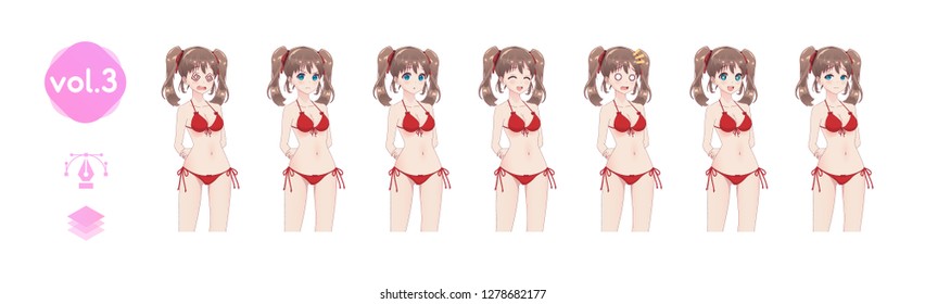 Set sprites emotions anime manga girls. The pose of the hand behind the back. Character for games visual novel. Girl in bikini to hips