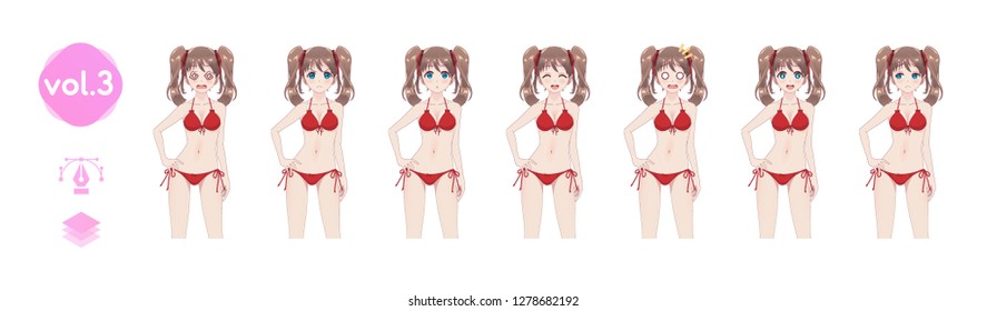Set sprites emotions anime manga girls. The pose of the hand behind the back. Character for games visual novel. Girl in bikini to hips