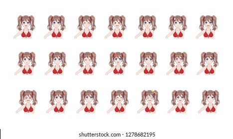 Set sprites emotions anime manga girls. The pose of the hand behind the back. Character for games visual novel. Avatar. Bust of girl in bikini