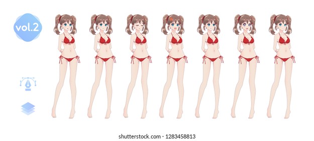 Set sprites emotions anime manga girls. The pose of the hand behind the back. Character for games visual novel. Girl in bikini in full length