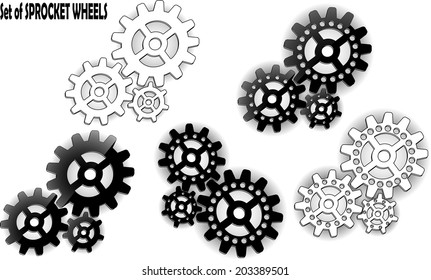 Set of sprocket wheels with shadows on background