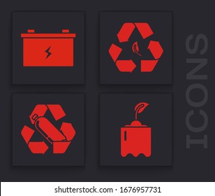 Setzen Sie Sprout in Flasche, Autobatterie, Recycling-Symbol und Blatt-und Recycling Plastikflasche Symbol. Vektorillustration