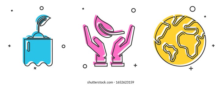 Set Sprout in bottle, Sprout in hand of environmental protection and Earth globe icon. Vector