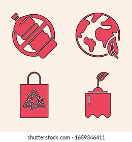 Ponga Sprout en botella, Sin botella de plástico, Tierra globo y hoja y Bolsa de plástico con icono de reciclaje. Vector