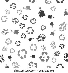 Set Sprout in bottle, Recycle symbol and leaf, Human hands holding Earth globe and Recycle symbol on seamless pattern. Vector