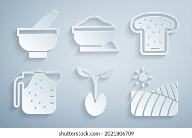 Set Sprout, Bread toast, Measuring cup, Agriculture wheat field, Flour bowl and Mortar and pestle icon. Vector