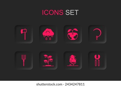 Set Sprout, Cloud with rain, Wooden axe, Fruit tree, Sickle, Gardening scissors, Apple and pitchfork icon. Vector