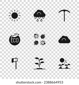 Set Sprout, Cloudy weather, Plant sprouts grow in sun, Colorado beetle, Pickaxe, Sun, with rain and Eco healthy food icon. Vector