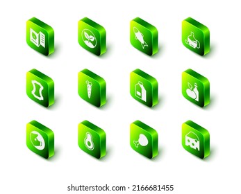 Set Sprout, Fish, Bottle of olive oil, Apple cider vinegar in bottle, Cheese, Paper package for milk, Chicken leg and Avocado fruit icon. Vector