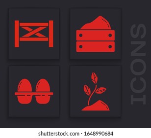 Set Sprout, Garden fence wooden, Wooden box with harvest and Chicken egg in box icon. Vector