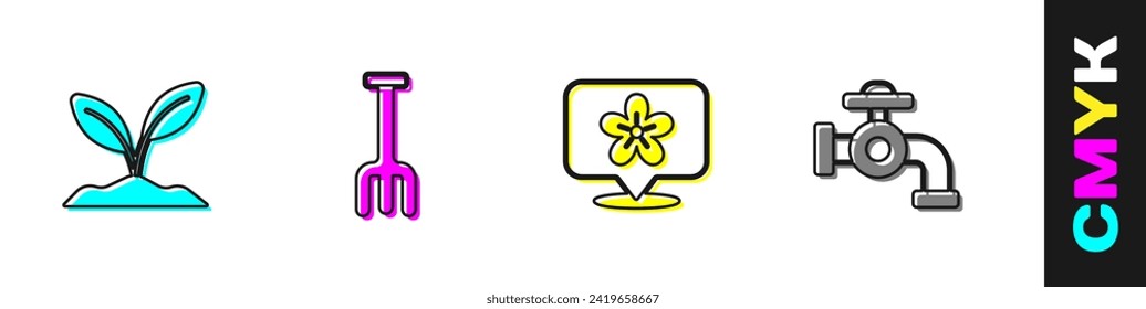 Set Sprout, Garden rake, Location with flower and Water tap icon. Vector