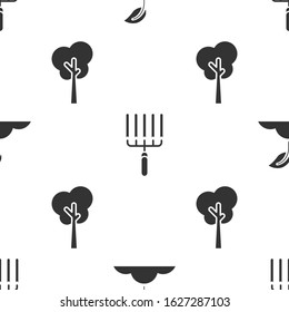 Set Sprout, Garden rake in work and Tree on seamless pattern. Vector