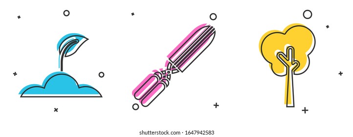 Set Sprout, Gardening handmade scissors for trimming and Tree icon. Vector