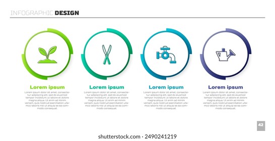 Set Sprout, Gardening handmade scissors, Water tap and Watering can. Business infographic template. Vector