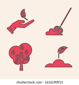 Set Sprout, Sprout in hand of environmental protection, Shovel in the ground and Tree with pears icon. Vector