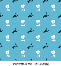Set Sprout in hand of environmental protection and Watering Tree on seamless pattern. Vector