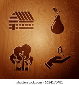 Set Sprout in hand of environmental protection, Farm house, Trees and Pear on wooden background. Vector