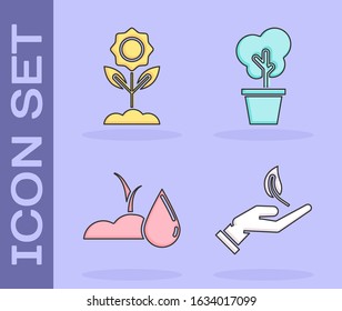 Set Sprout in hand of environmental protection, Flower, Watering sprout and Tree in pot icon. Vector
