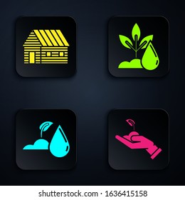 Set Sprout in hand of environmental protection, Farm house, Watering sprout and Watering plant. Black square button. Vector