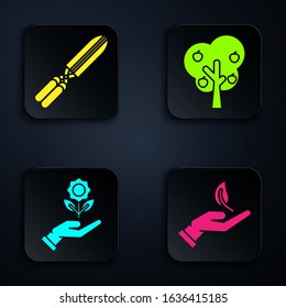 Set Sprout in hand of environmental protection, Gardening handmade scissors for trimming, Hand holding flower and Tree with apple. Black square button. Vector