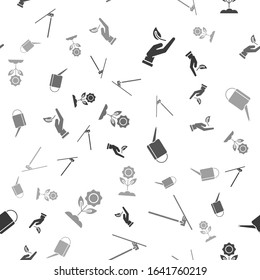 Set Sprout in hand of environmental protection, Garden rake in work, Watering can and Flower on seamless pattern. Vector