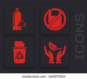 Set Sprout in hand of environmental protection, Recycling plastic bottle, Say no to plastic bags poster and Recycle bin with recycle symbol icon. Vector