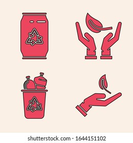 Set Sprout in hand of environmental protection, Can with recycle symbol and can, Sprout in hand of environmental protection and Recycle bin with recycle symbol icon. Vector