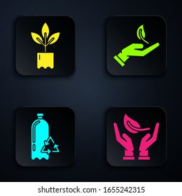 Set Sprout in hand of environmental protection, Plant in bottle, Recycling plastic bottle and Sprout in hand of environmental protection. Black square button. Vector