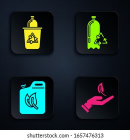 Set Sprout in hand of environmental protection, Recycle bin with recycle symbol, Bio fuel canister and Recycling plastic bottle. Black square button. Vector