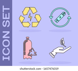 Ponga Sprout en mano de protección medioambiental, Batería con símbolo de reciclaje, Botella de plástico de reciclaje y Batería con icono de línea de símbolo de reciclaje. Vector