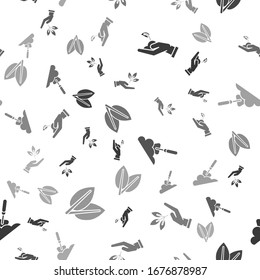Set Sprout in hand of environmental protection, Plant in hand of environmental protection, Garden trowel spade or shovel in the ground and Leafs on seamless pattern. Vector