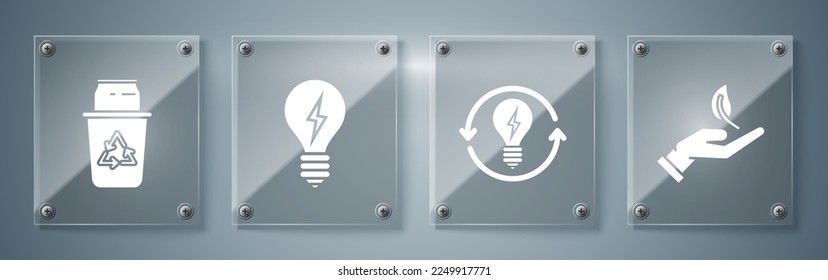 Set Sprout in hand of environmental protection, Recycle and light bulb with lightning symbol, Light bulb with lightning symbol and Recycle bin with recycle symbol and can. Square glass panels. Vector