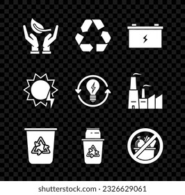 Set Sprout in hand of environmental protection, Recycle symbol, Car battery, bin with recycle, can, No trash, Solar energy panel and light bulb lightning icon. Vector