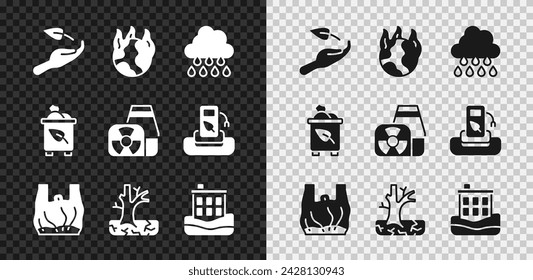 Set Sprout in hand, Global warming fire, Cloud with rain, Say no to plastic bags poster, Withered tree, House flood, Recycle bin recycle and Nuclear power plant icon. Vector