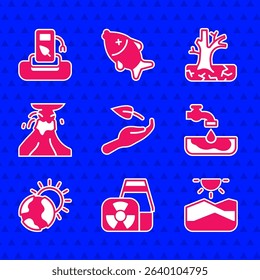 Set Sprout in hand, Nuclear power plant, Drought, Water problem, Global warming, Volcano eruption with lava, Withered tree and Petrol or gas station icon. Vector