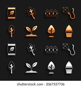 Set Sprout, Kite, Cactus peyote in pot, Forest, Garden fence wooden, Fertilizer bag and Blossom tree branch icon. Vector